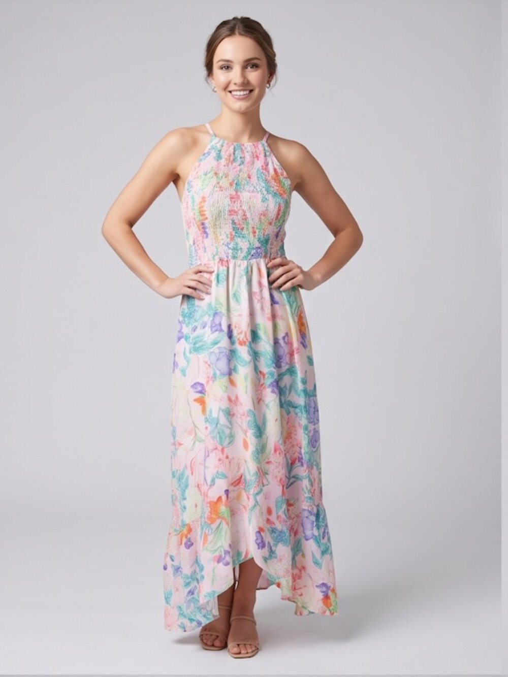Floral Print Ruffle Asymmetrical Hem Shirred Cami Dress
